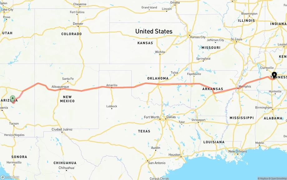Arizona to Tennessee freight shipping route map