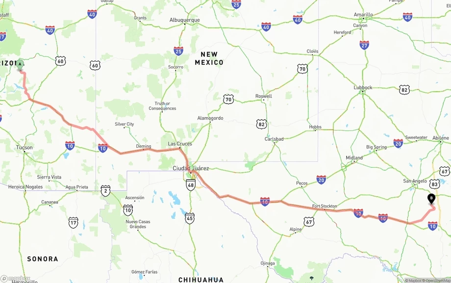 Arizona to Texas freight shipping route map