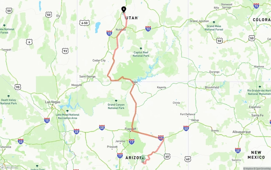 Arizona to Utah freight shipping route map