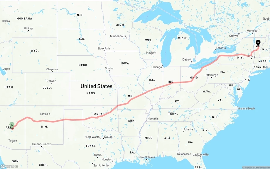 Arizona to Vermont freight shipping route map