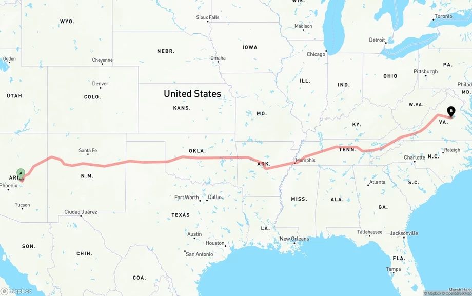 Arizona to Virginia freight shipping route map