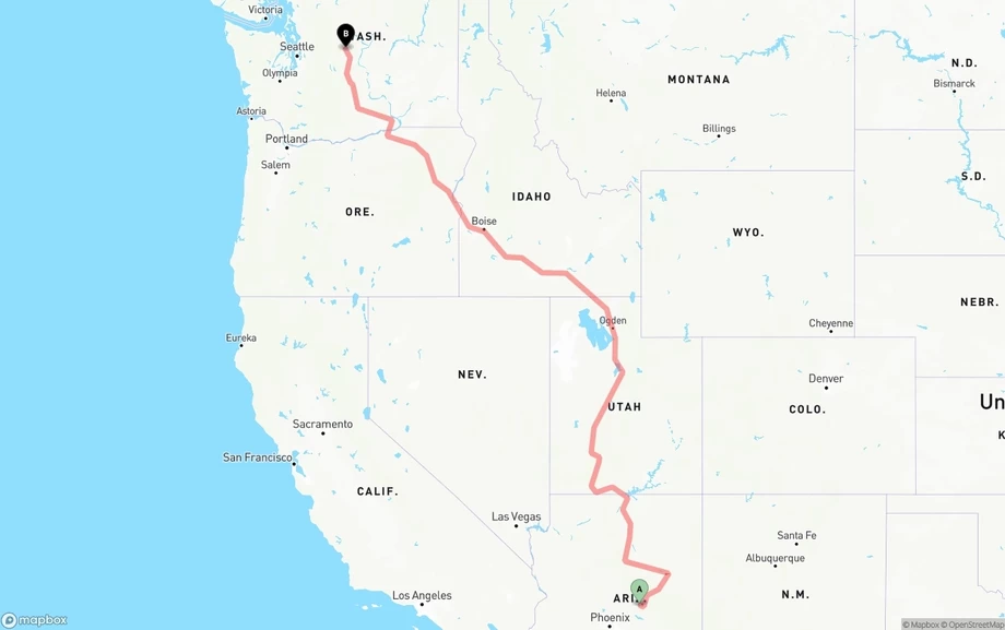 Arizona to Washington freight shipping route map