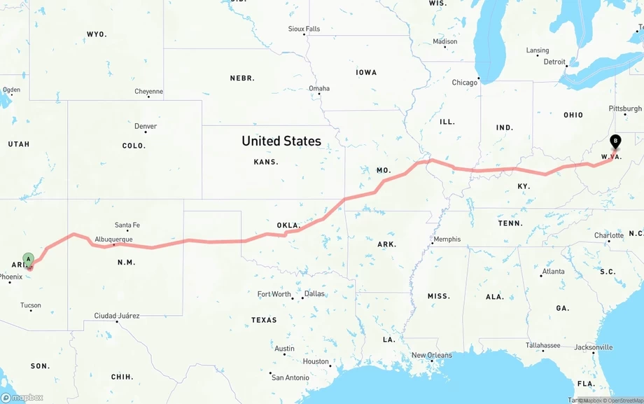 Arizona to West Virginia freight shipping route map