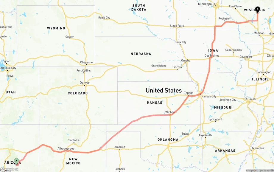 Arizona to Wisconsin freight shipping route map