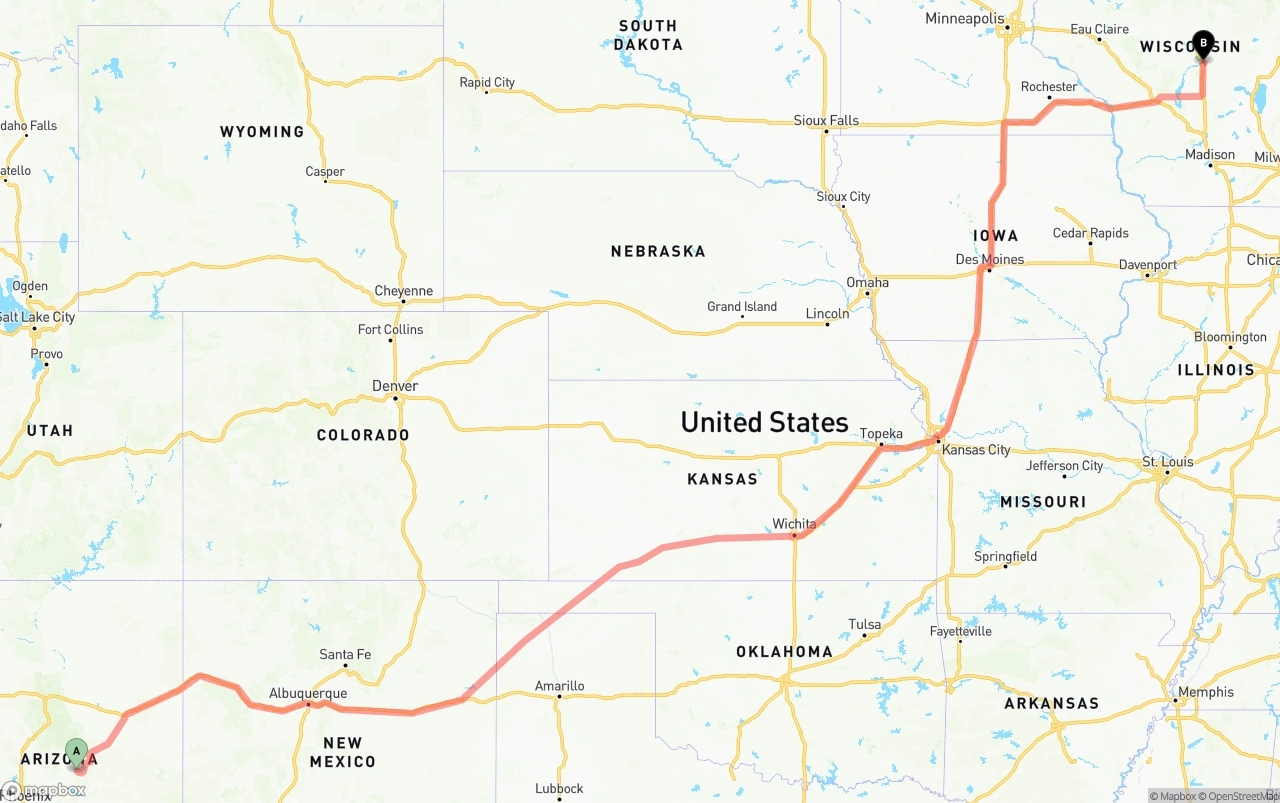 Shipping route from Arizona to Wisconsin