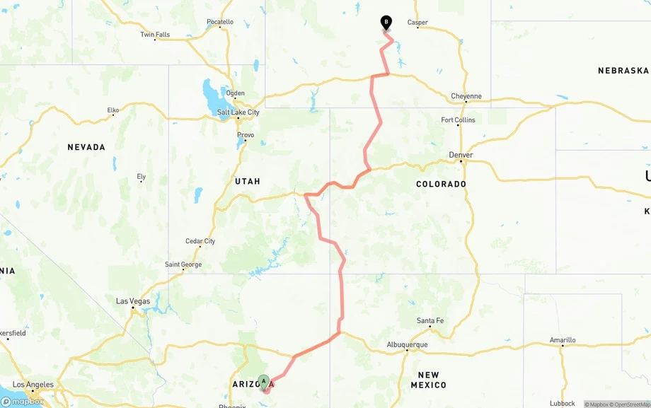 Arizona to Wyoming freight shipping route map