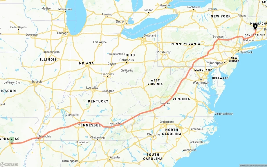 Arkansas to Bradley International Airport freight shipping route map