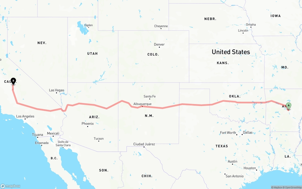 Shipping route from Arkansas to California