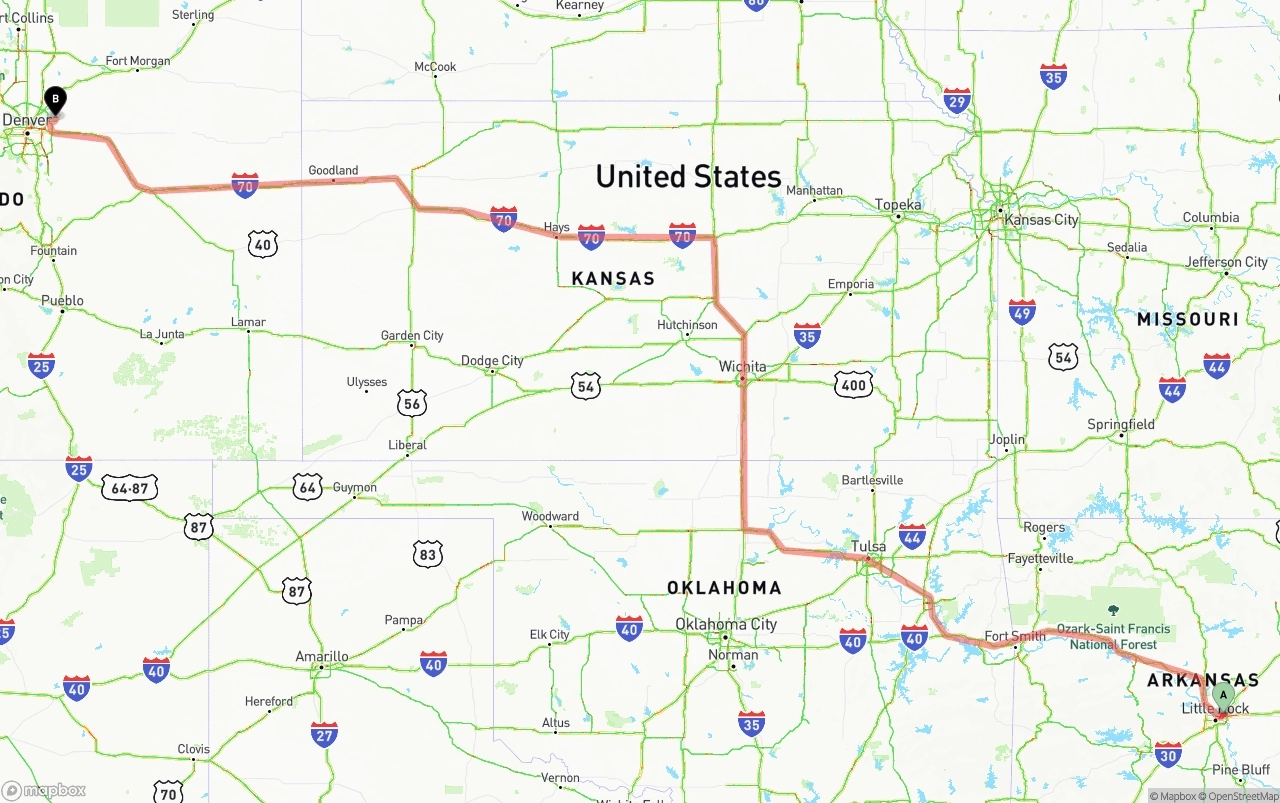 Shipping route from Arkansas to Denver International Airport