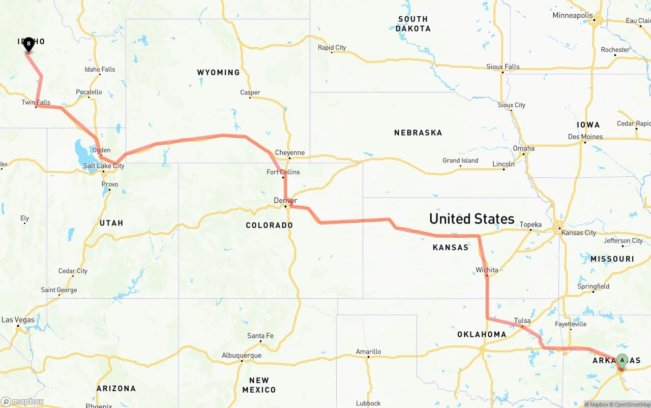 Shipping route from Arkansas to Idaho