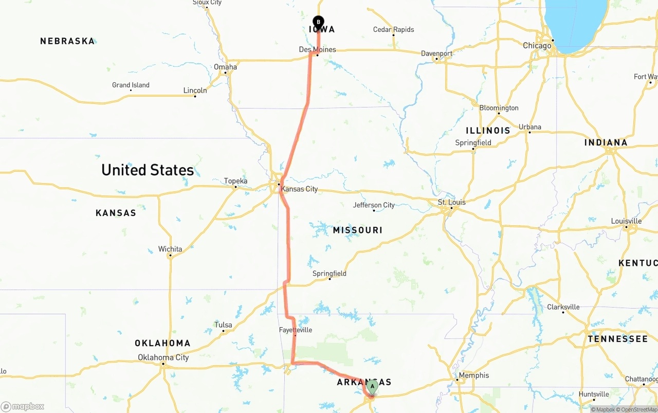 Shipping route from Arkansas to Iowa