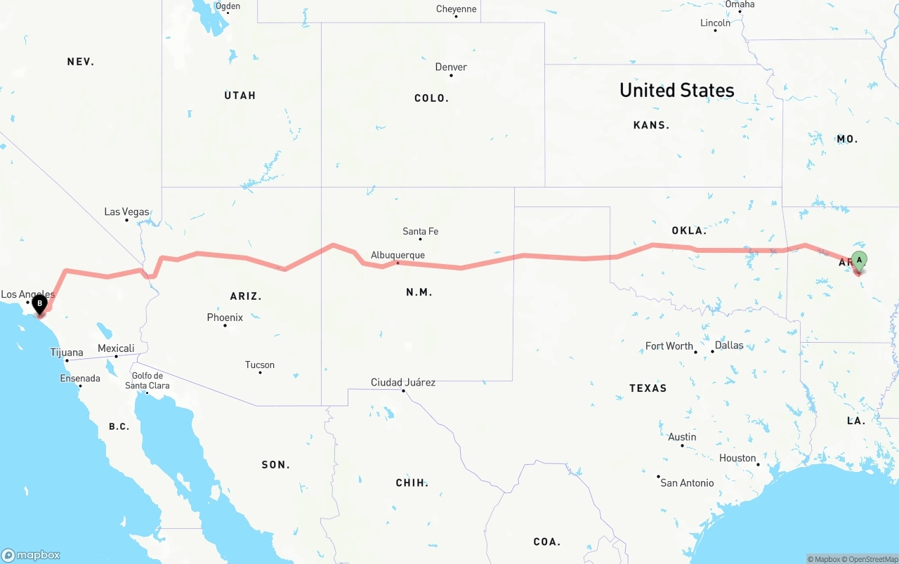 Shipping route from Arkansas to John Wayne Airport — Orange County