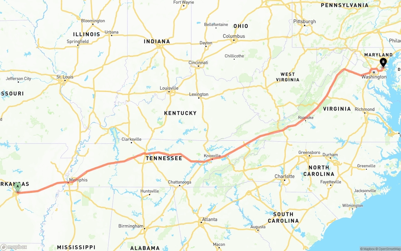 Shipping route from Arkansas to Maryland