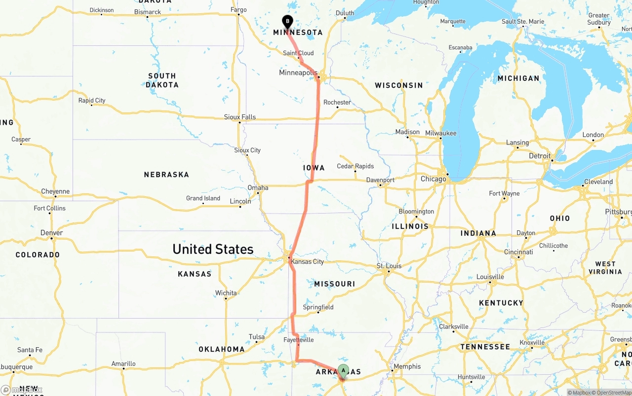 Shipping route from Arkansas to Minnesota