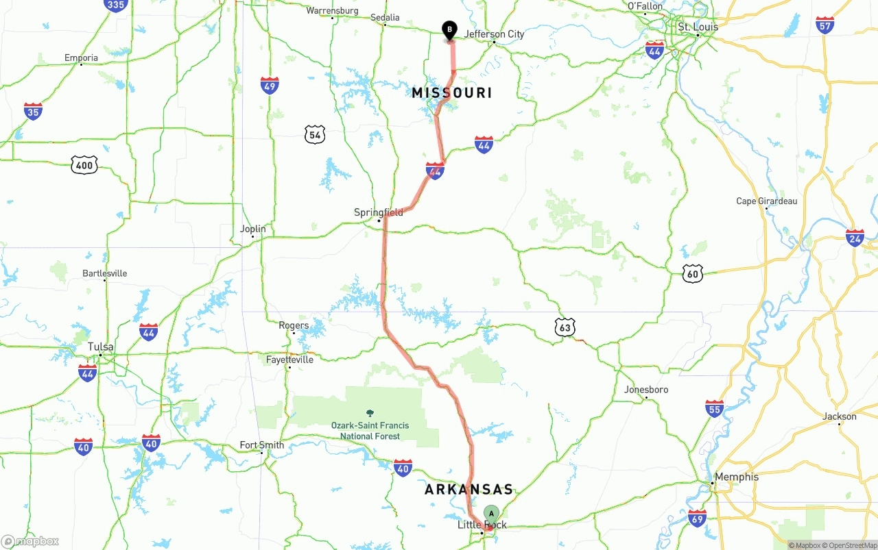 Shipping route from Arkansas to Missouri