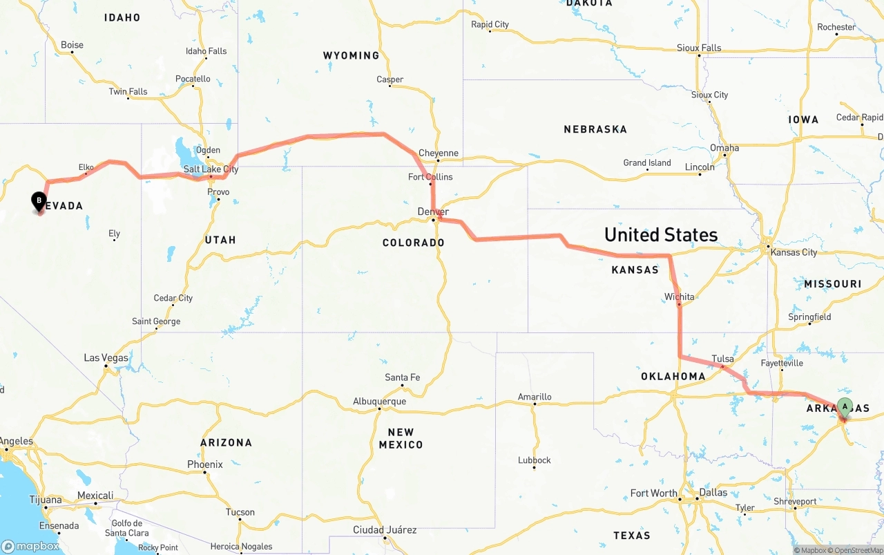 Shipping route from Arkansas to Nevada