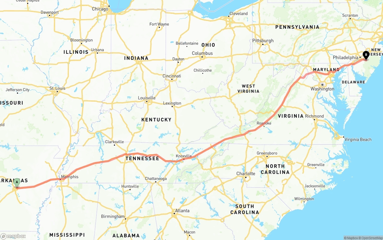 Shipping route from Arkansas to New Jersey
