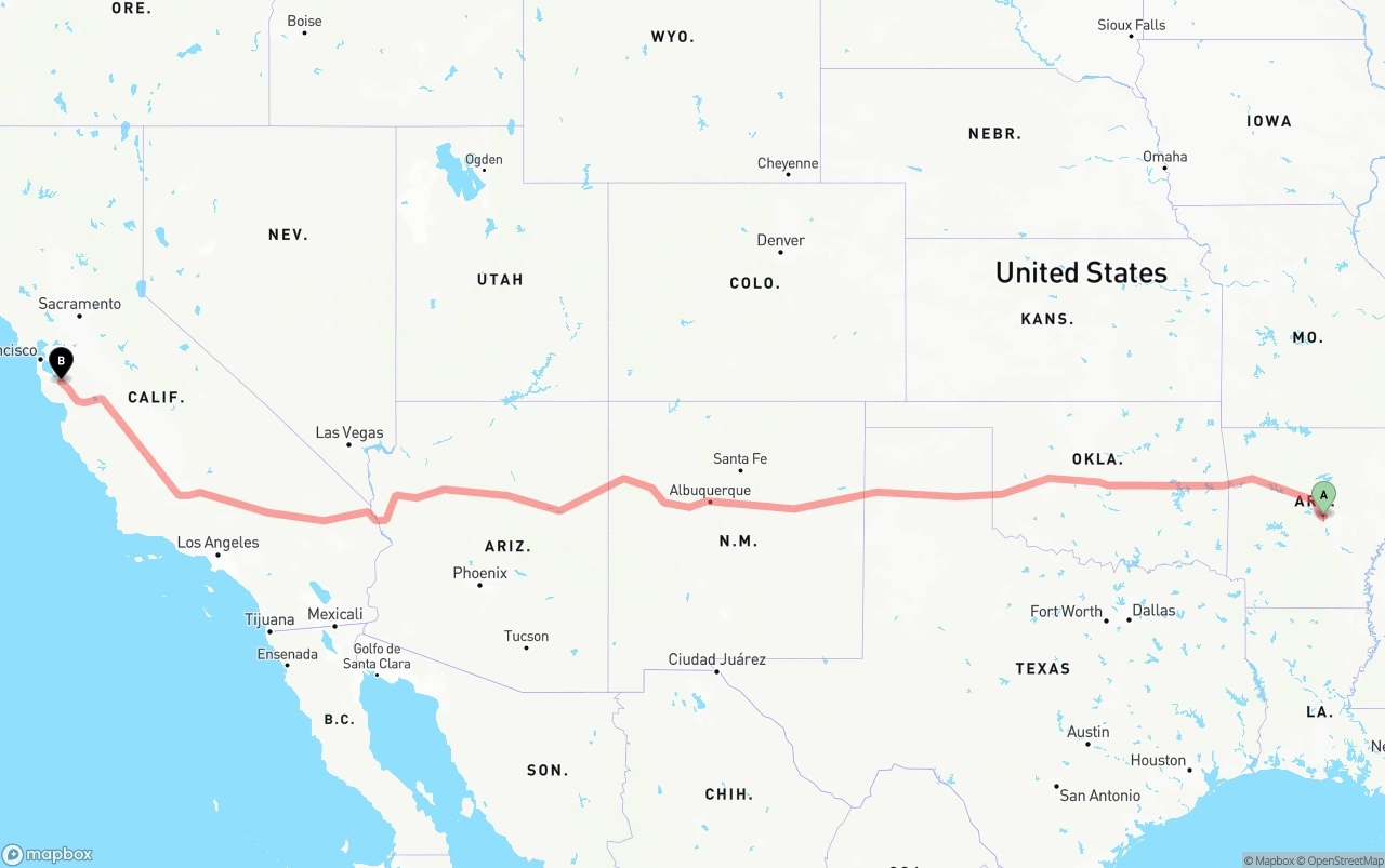 Shipping route from Arkansas to Norman Y. Mineta San Jose International Airport