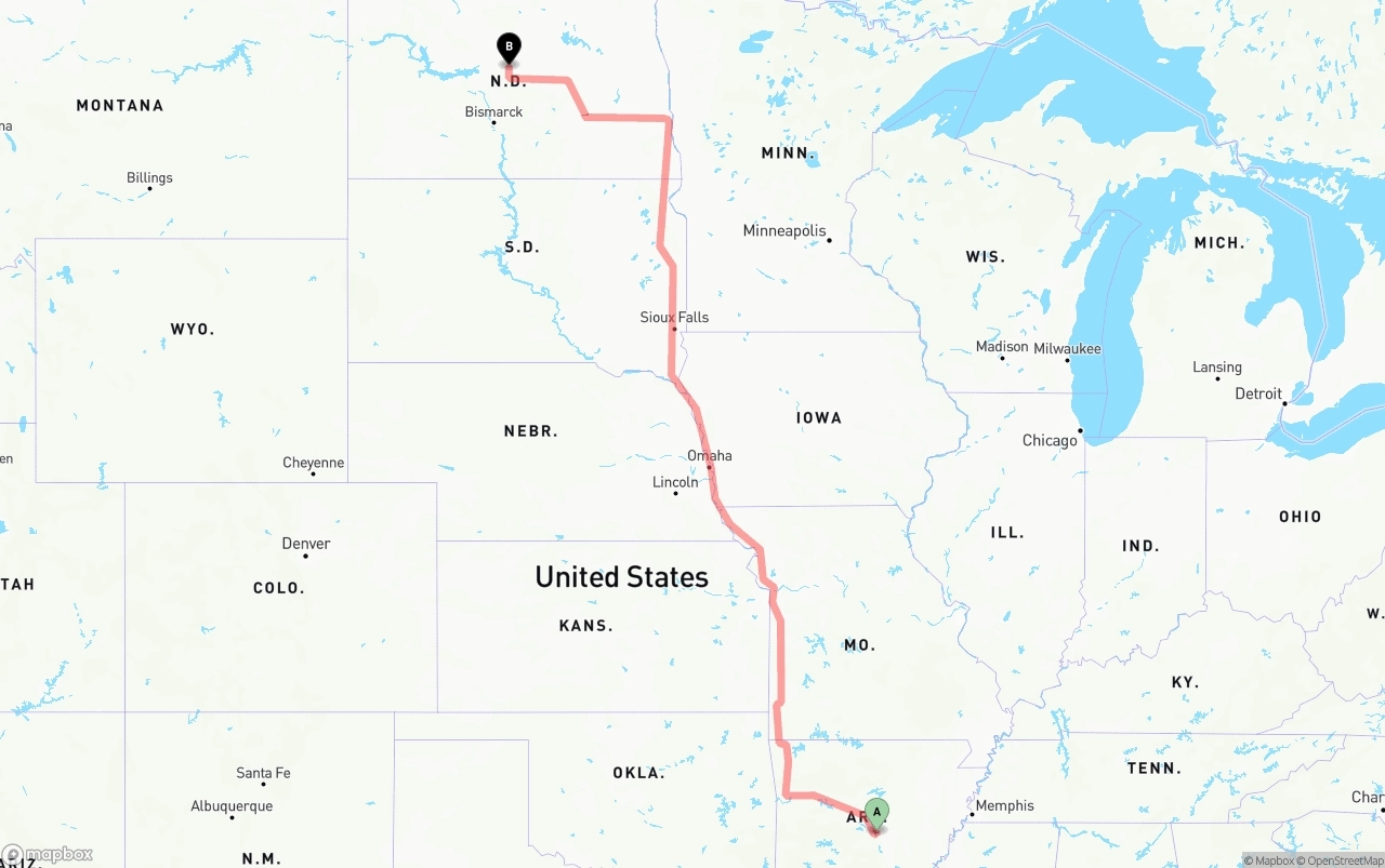 Shipping route from Arkansas to North Dakota