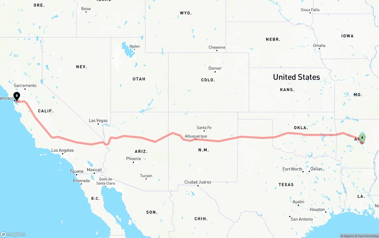 Shipping route from Arkansas to Oakland International Airport