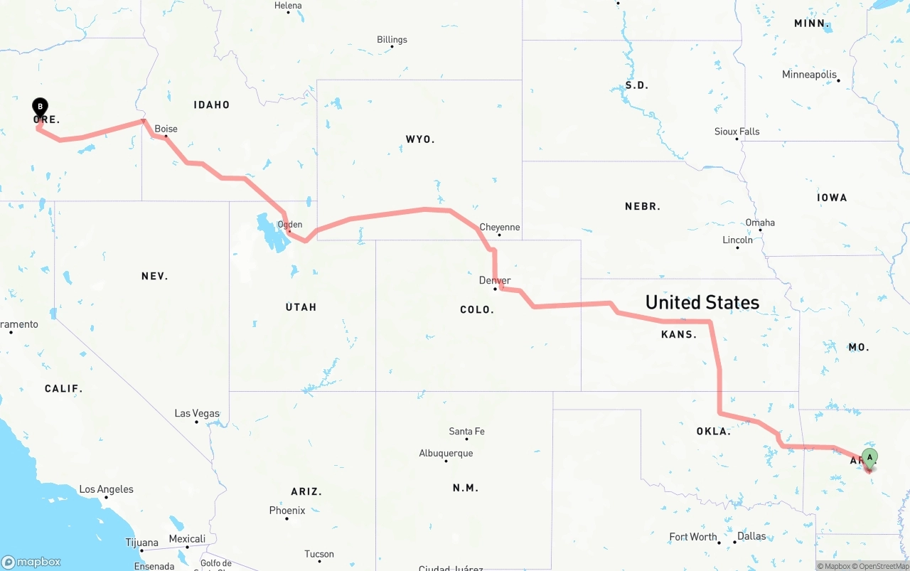 Shipping route from Arkansas to Oregon