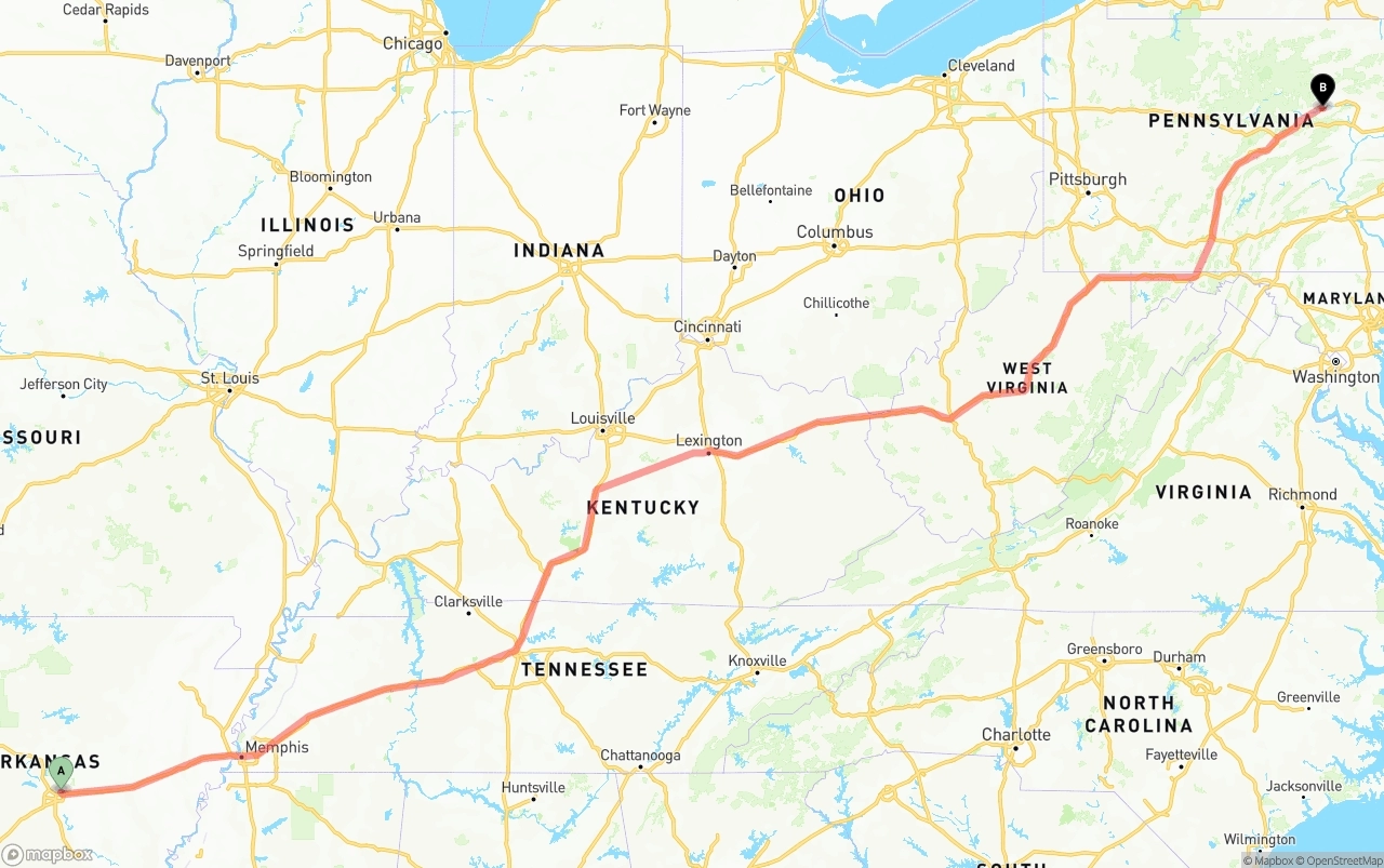 Shipping route from Arkansas to Pennsylvania