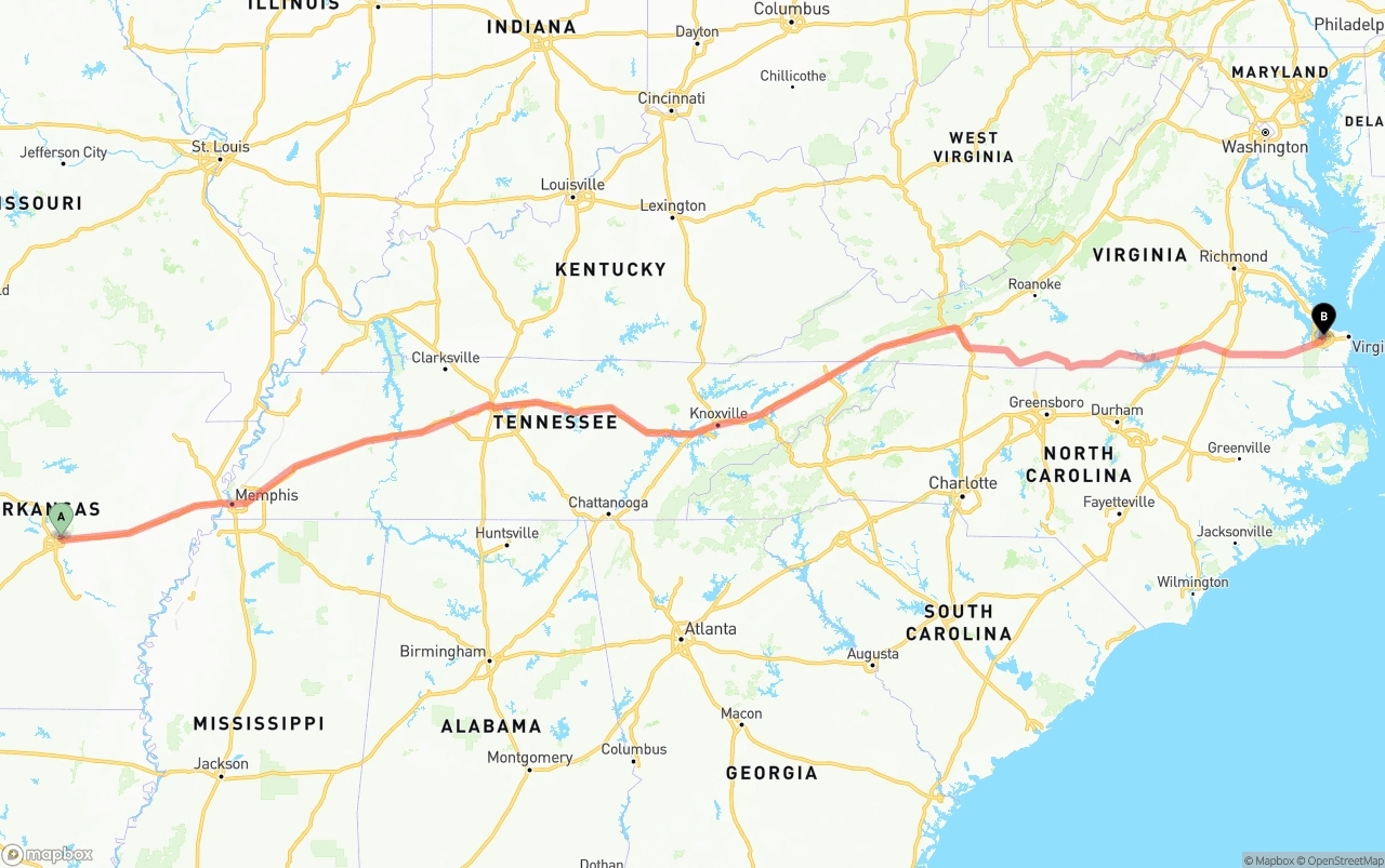 Shipping route from Arkansas to Port of Norfolk