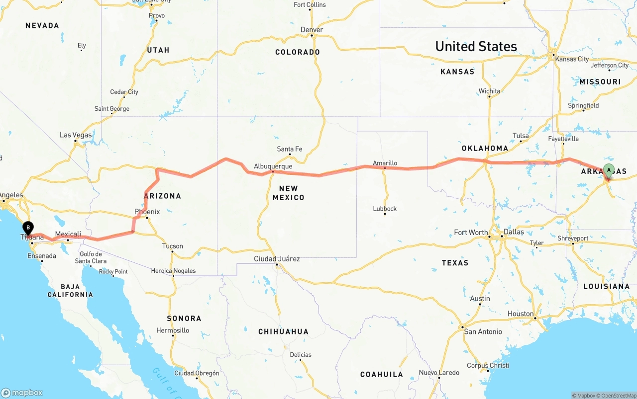 Shipping route from Arkansas to San Diego International Airport
