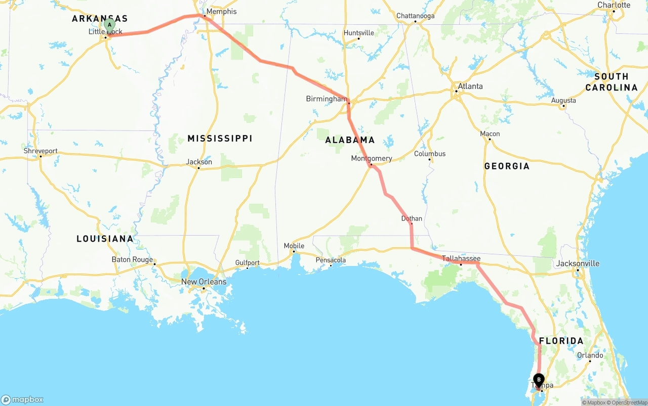 Shipping route from Arkansas to Tampa International Airport