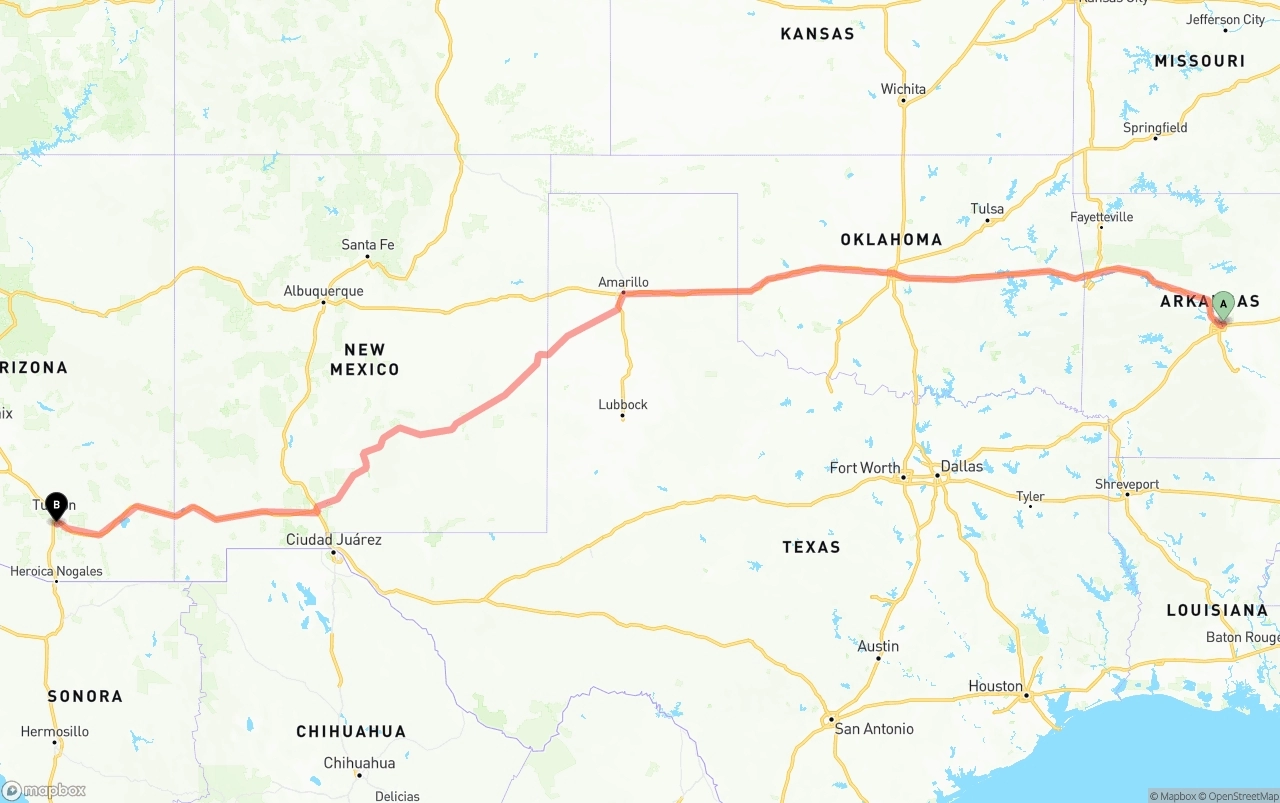 Shipping route from Arkansas to Tucson International Airport