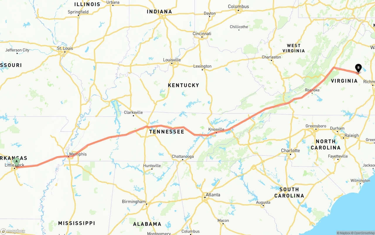 Shipping route from Arkansas to Virginia