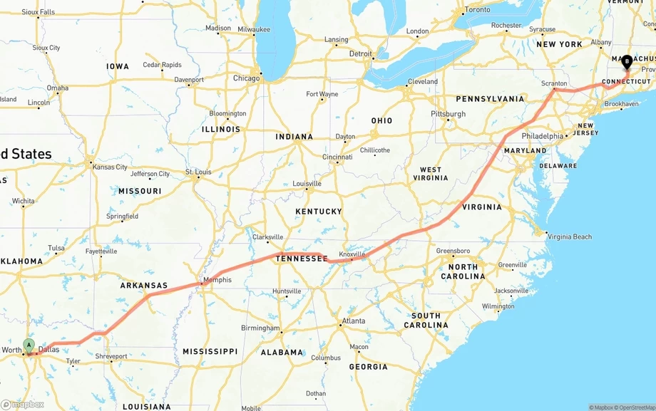 Arlington to Bradley International Airport freight shipping route map
