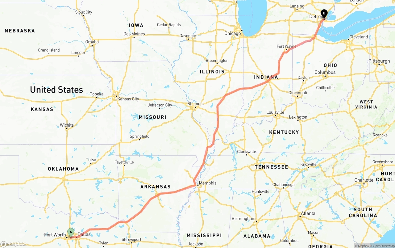 Shipping route from Arlington to Detroit