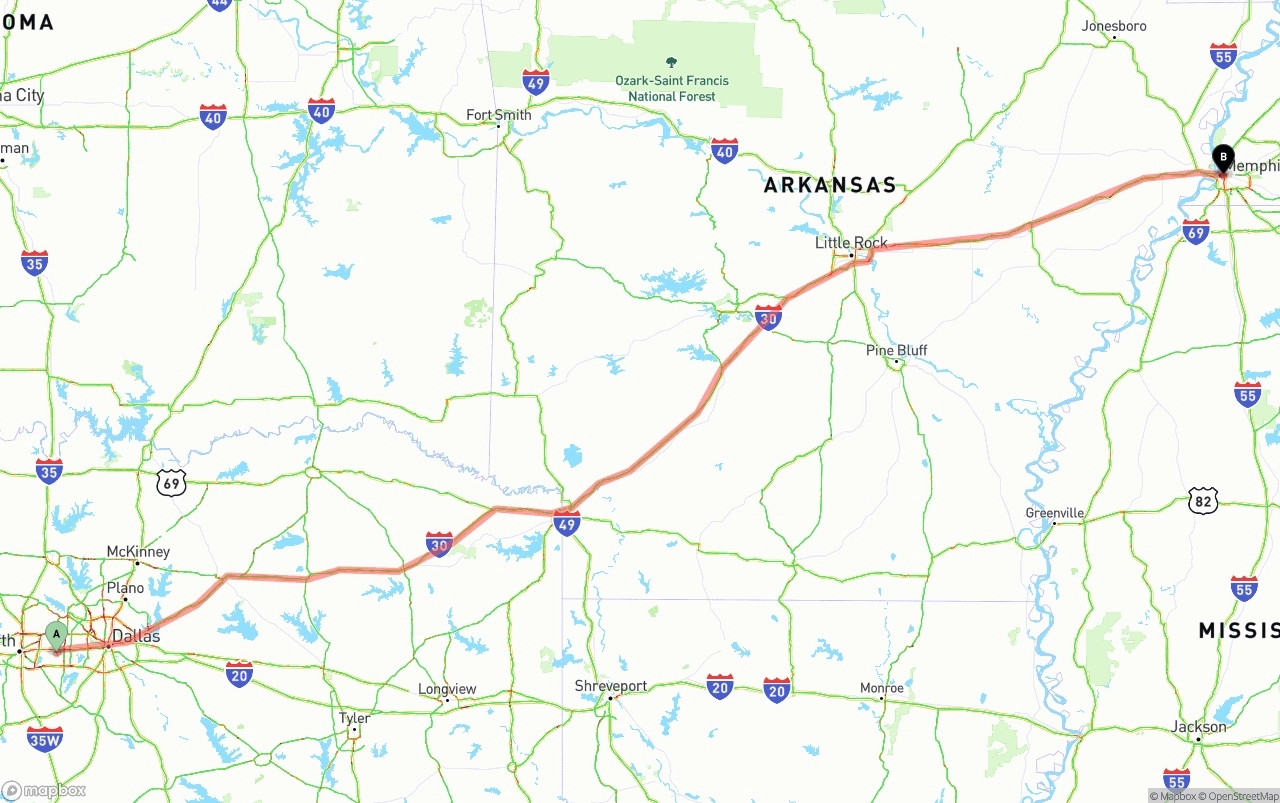 Shipping route from Arlington to Memphis