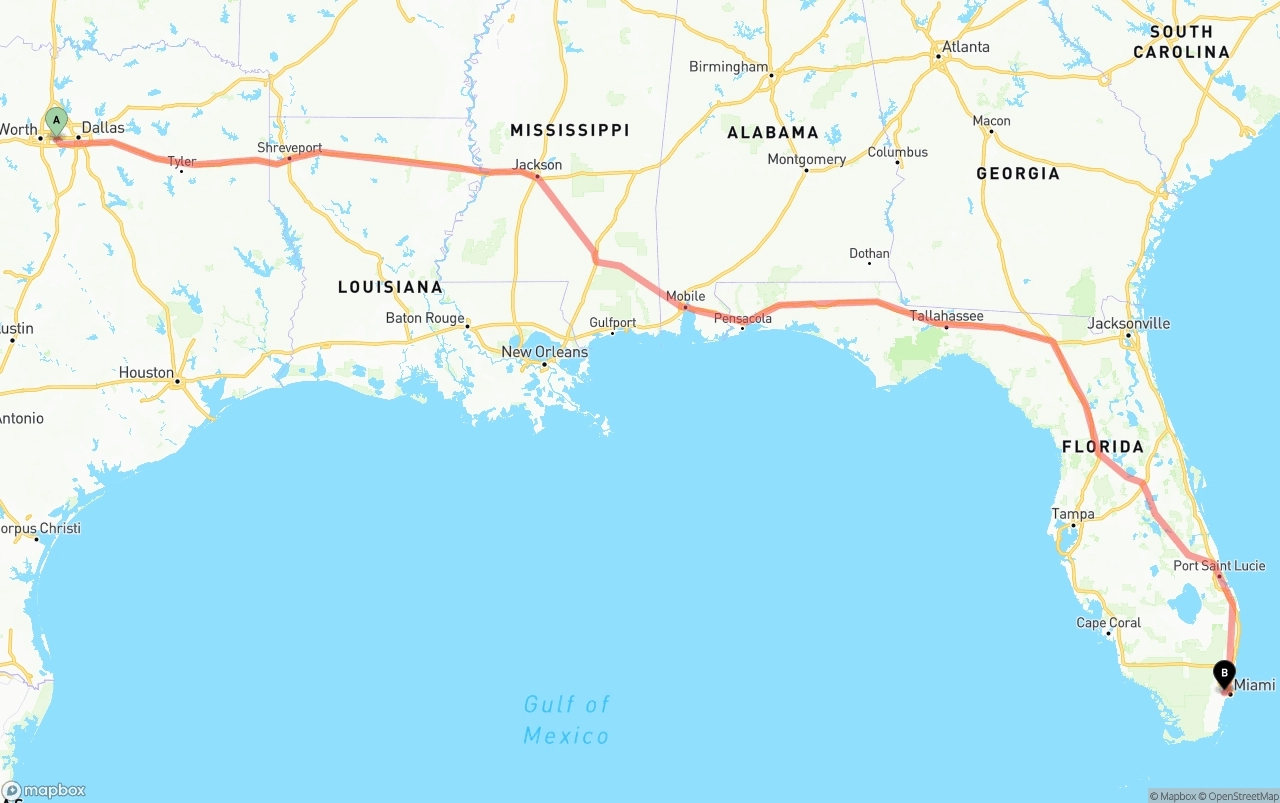 Shipping route from Arlington to Miami International Airport