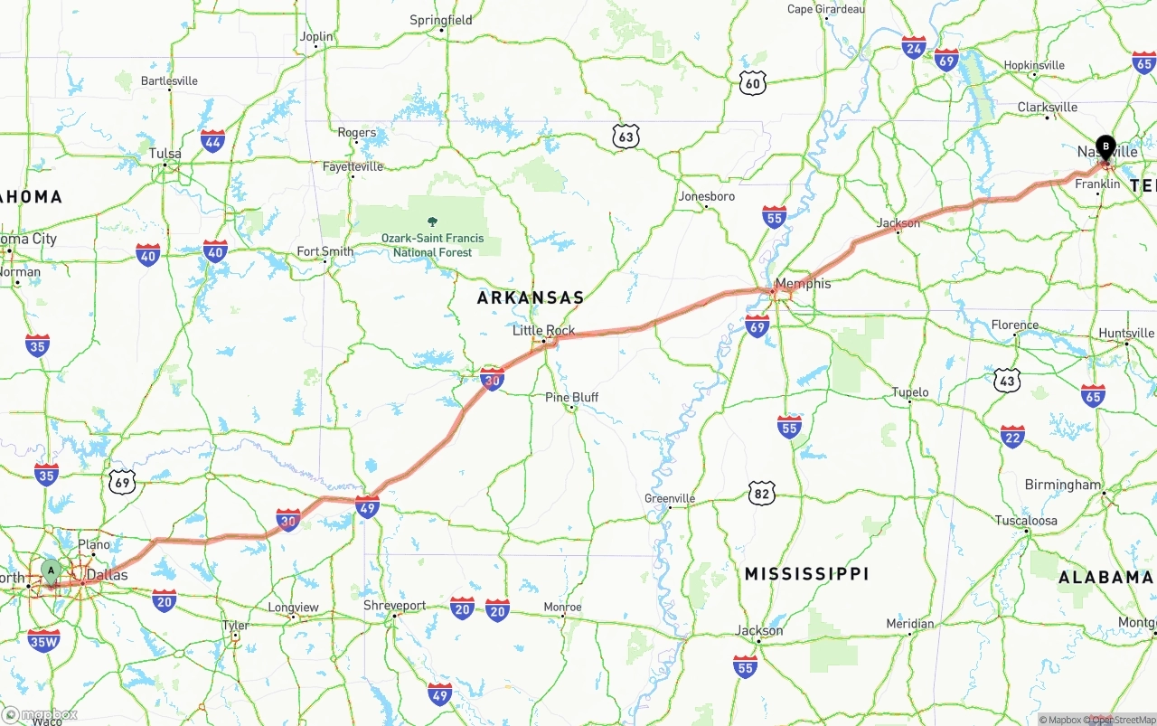 Shipping route from Arlington to Nashville