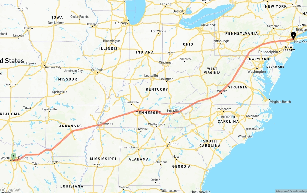 Shipping route from Arlington to New York City