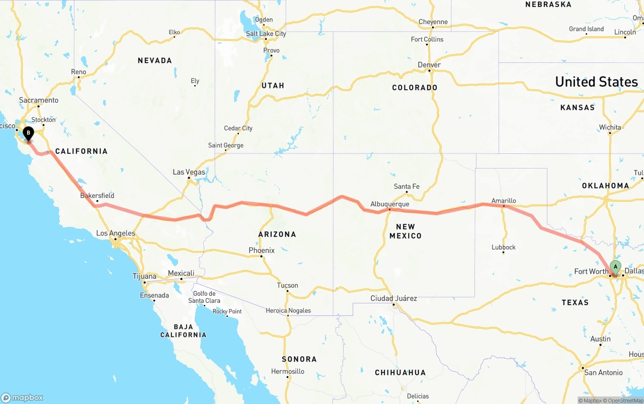 Shipping route from Arlington to Norman Y. Mineta San Jose International Airport