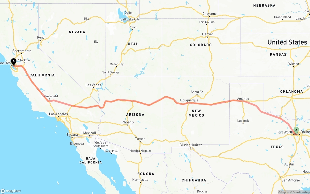Shipping route from Arlington to Oakland International Airport