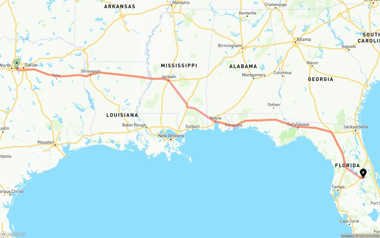 Shipping route from Arlington to Orlando International Airport