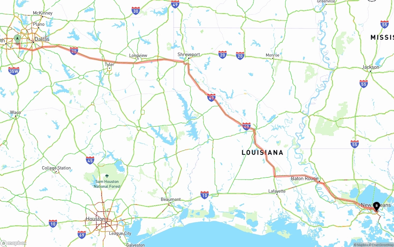 Shipping route from Arlington to Port of New Orleans
