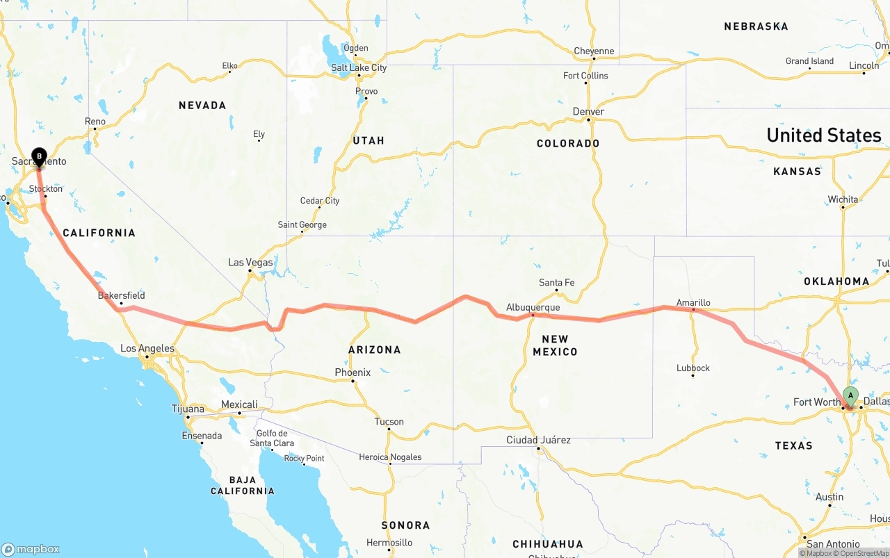 Shipping route from Arlington to Sacramento