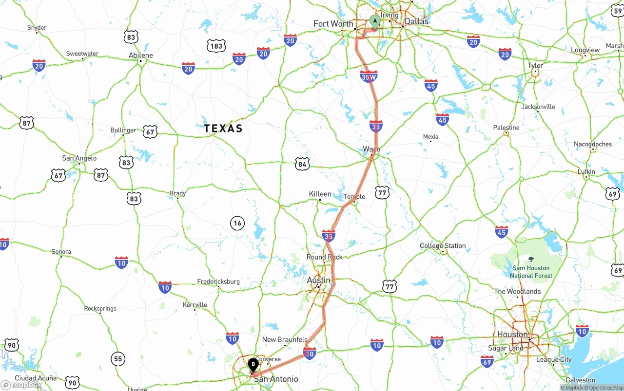 Shipping route from Arlington to San Antonio