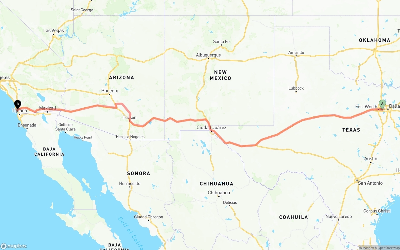Shipping route from Arlington to San Diego