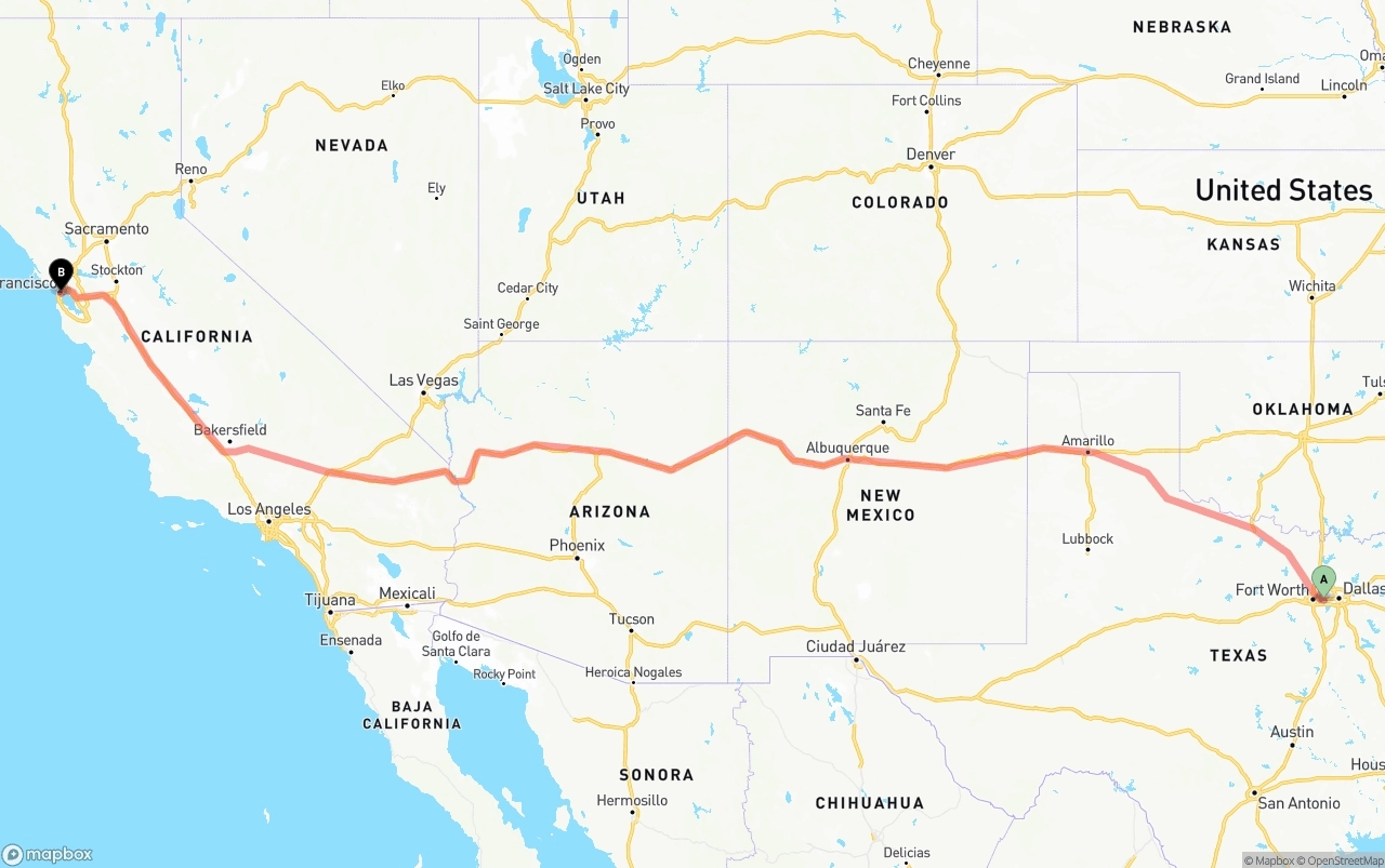 Shipping route from Arlington to San Francisco