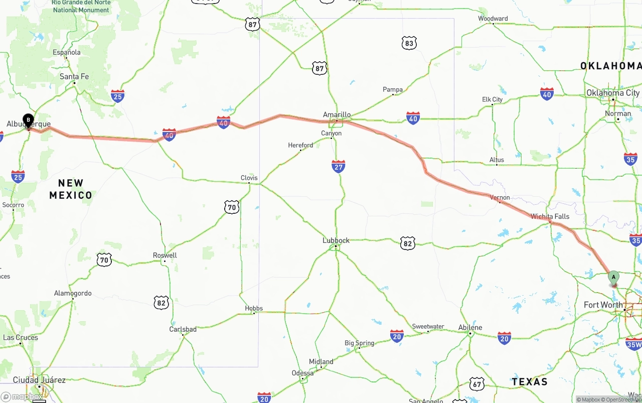 Shipping route from Aurora to Albuquerque