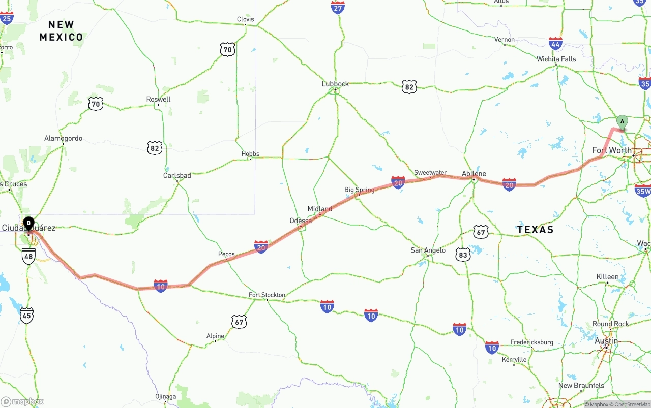 Shipping route from Aurora to El Paso