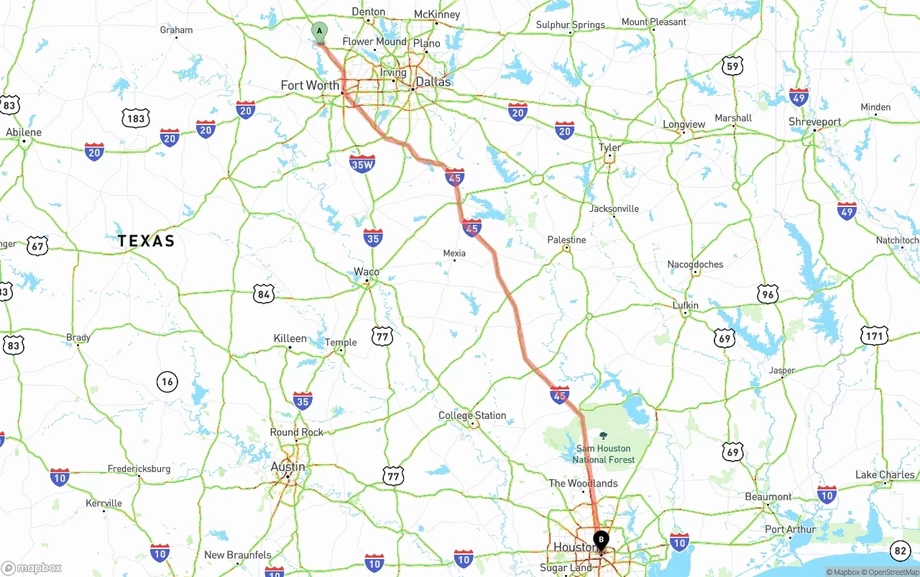 Aurora to Houston freight shipping route map