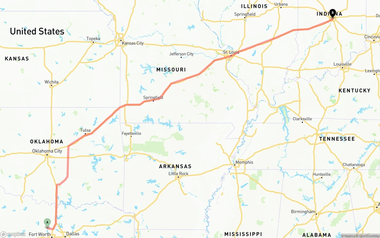 Shipping route from Aurora to Indianapolis