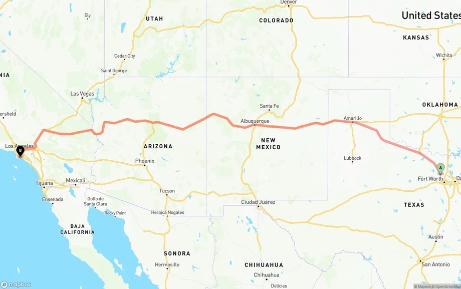 Aurora to Long Beach freight shipping route map